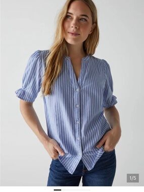 ✨NWT✨Michael Stars Eva Striped Puff Sleeve Button Down Top Blue White